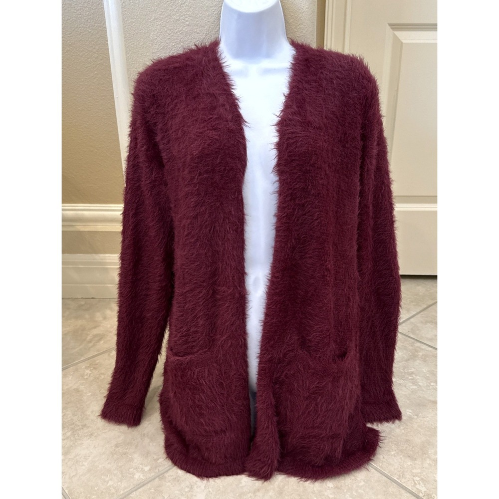 COLLEEN LOPEZ -Purple Fuzzy Eyelash Cardigan Open Sweater Pockets‎ Sz S Preppy